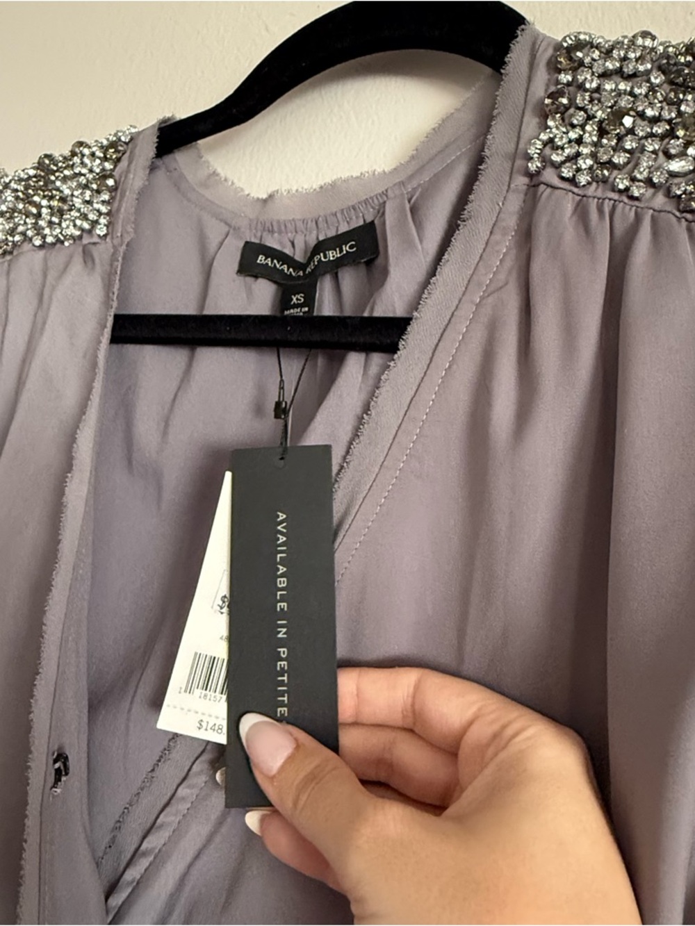 Banana Republic Embellished Shoulder Short Sleeve Wrap Dress in Purplish Gray - Picture 6 of 9
